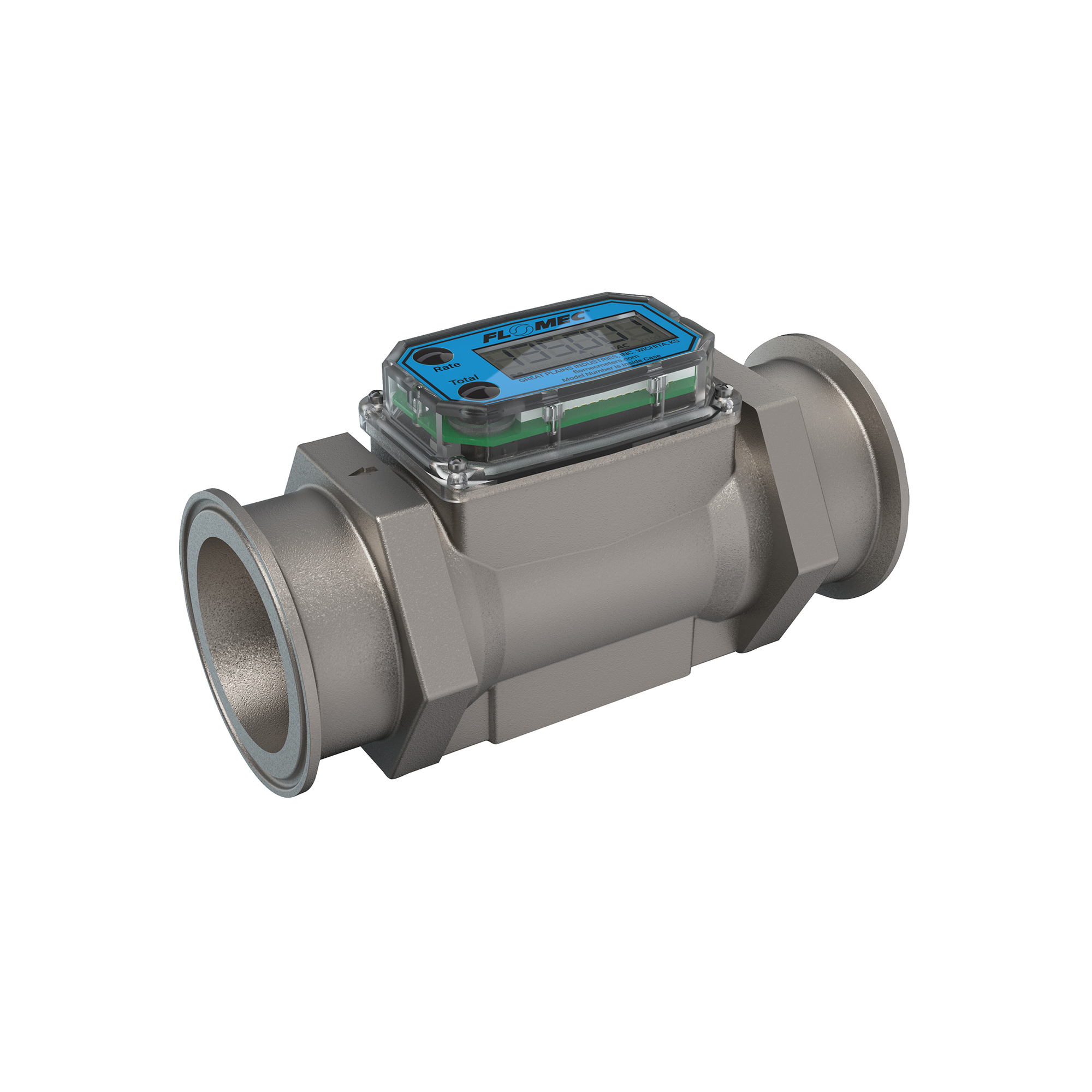 2" Tri-ClampTurbine Flow Meter, Battery Powered Display, Stainless Steel Body for Petro Chem, Fuel, Water, and Solvents